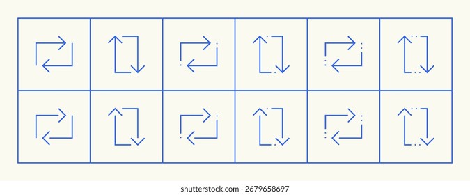 Conjunto de iconos de flecha. Diferentes iconos de flecha, dirección, navegar, flecha doble, dirección diferente, entrada, colapso, Cargar, Descarga y más. Trazo editable.