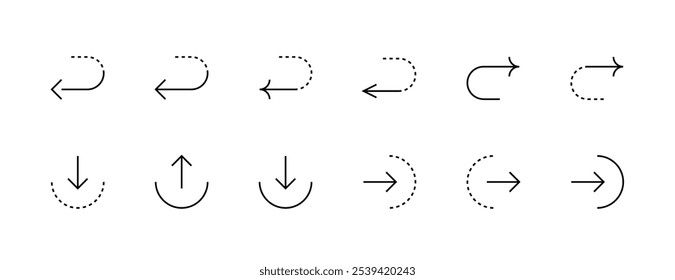 Arrow icon set. Direction arrows, navigate, turn right, turn left, curved right, import, export and more. Editable stroke. Pixel Perfect. Grid base 32px.