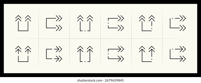 Arrow icon set. Direction arrows, navigate, turn right, turn left, curved right, import, export, top right and more. Editable stroke.