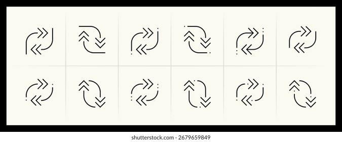 Conjunto de iconos de flecha. Flechas de dirección, navegar, girar a la derecha, girar a la izquierda, curva a la derecha, importar, exportar, arriba a la derecha y más. Trazo editable.