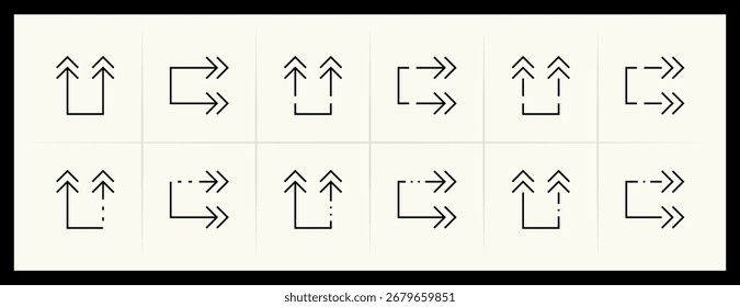 Conjunto de iconos de flecha. Flechas de dirección, navegar, girar a la derecha, girar a la izquierda, curva a la derecha, importar, exportar, arriba a la derecha y más. Trazo editable.