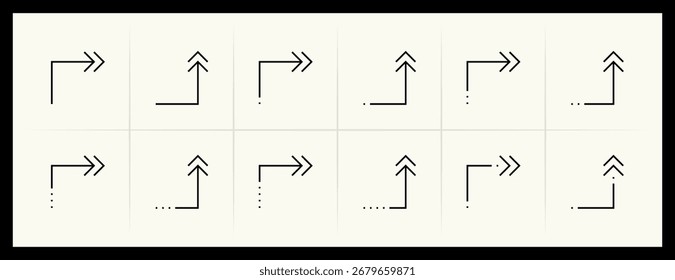 Arrow icon set. Direction arrows, navigate, turn right, turn left, curved right, import, export, top right and more. Editable stroke.