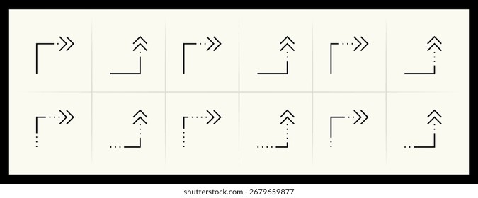 Arrow icon set. Direction arrows, navigate, turn right, turn left, curved right, import, export, top right and more. Editable stroke.