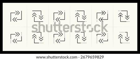Arrow icon set. Direction arrows, navigate, turn right, turn left, curved right, import, export, top right and more. Editable stroke.