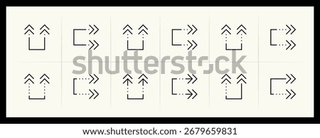 Arrow icon set. Direction arrows, navigate, turn right, turn left, curved right, import, export, top right and more. Editable stroke.