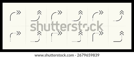 Arrow icon set. Direction arrows, navigate, turn right, turn left, curved right, import, export, top right and more. Editable stroke.