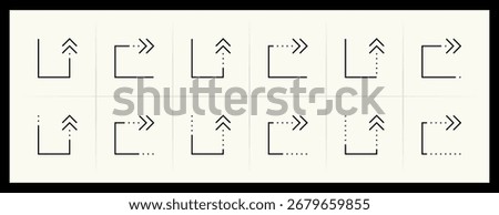 Arrow icon set. Direction arrows, navigate, turn right, turn left, curved right, import, export, top right and more. Editable stroke.