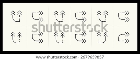 Arrow icon set. Direction arrows, navigate, turn right, turn left, curved right, import, export, top right and more. Editable stroke.