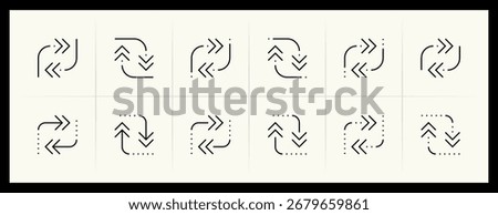 Arrow icon set. Direction arrows, navigate, turn right, turn left, curved right, import, export, top right and more. Editable stroke.