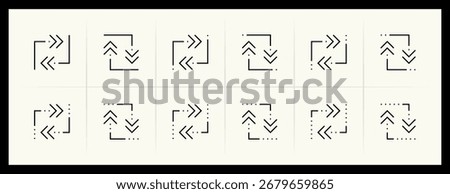 Arrow icon set. Direction arrows, navigate, turn right, turn left, curved right, import, export, top right and more. Editable stroke.