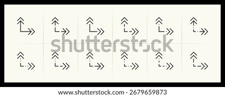 Arrow icon set. Direction arrows, navigate, turn right, turn left, curved right, import, export, top right and more. Editable stroke.