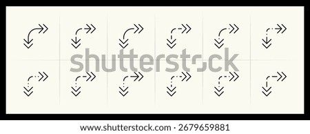 Arrow icon set. Direction arrows, navigate, turn right, turn left, curved right, import, export, top right and more. Editable stroke.