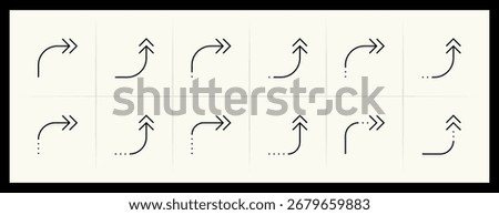 Arrow icon set. Direction arrows, navigate, turn right, turn left, curved right, import, export, top right and more. Editable stroke.