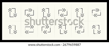Arrow icon set. Direction arrows, navigate, turn right, turn left, curved right, import, export, top right and more. Editable stroke.