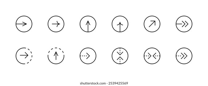 Pfeil-Symbol gesetzt. Symbolsammlung für Richtungspfeil. Unterschiedliche Richtung, navigieren, oben rechts, rechts, aufwärts, schnell vorwärts und mehr. Bearbeitbarer Strich. Pixel perfekt. Gitterbasis 32px.