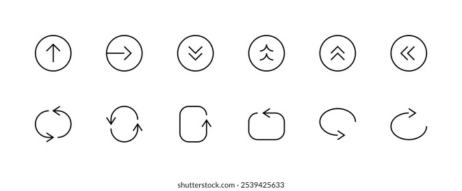 Pfeil-Symbol gesetzt. Symbolsammlung für Richtungspfeil. Verschiedene Richtung, ändern, senden Sie rechts, wischen Sie links, wischen Sie nach unten, im Uhrzeigersinn und mehr. Bearbeitbarer Strich. Pixel perfekt. Gitterbasis 32px.