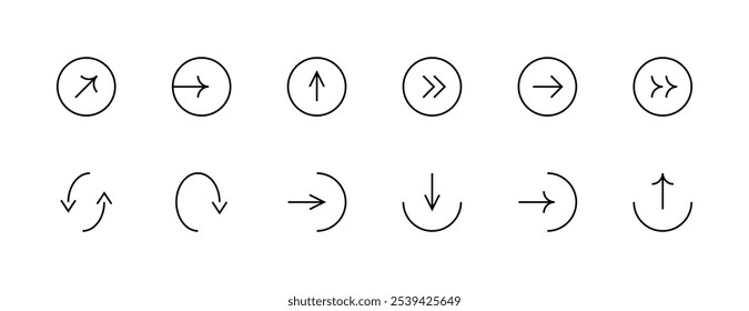 Pfeil-Symbol gesetzt. Symbolsammlung für Richtungspfeil. Andere Richtung, ändern, oben rechts, wischen, nach oben, importieren, exportieren. und mehr. Bearbeitbarer Strich. Pixel perfekt. Gitterbasis 32px.