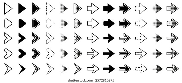 Arrow icon set. Direction arrow collection. Cursor pointer vector illustration. Navigation arrow buttons. Next and previous, forward and back symbol. Dotted web sign. Abstract direction curve template