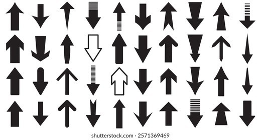 Arrow icon set. Up and down long Arrow icon set. Cursor. Collection different arrow signs. Black arrows icons. mega arrow set illustrations.