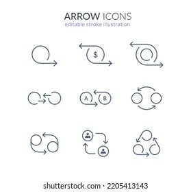 arrow icon set: exchange, trading, cycle, share, switch, cashback line arrows. editable stroke vector illustration