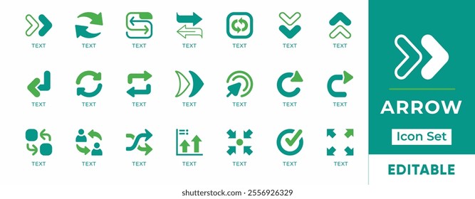 Arrow Icon Set. Features editable icons for arrow, pointer, direction, navigation, forward, backward, next, and more. Perfect for websites, apps, and digital projects.