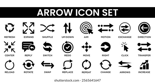 Arrow icon set featuring navigation, directional, curved, and circular arrows. Perfect for graphic design, presentations, user interface, and business projects requiring arrow visuals.
