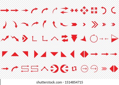 Arrow icon set of flat arrows of different vector shapes. Modern flat red arrows isolated on transparent.