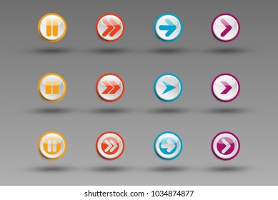 Arrow icon set. Glossy round vector buttons. Media symbol.