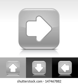 Arrow icon set. Gray color glossy web button with white sign. Rounded square shape with shadow, reflection on white, gray, black background. Vector illustration design element 8 eps 