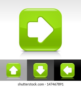 Arrow icon set. Green color glossy web button with white sign. Rounded square shape with shadow, reflection on white, gray, black background. Vector illustration design element 8 eps 