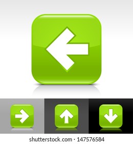 Arrow icon set. Green color glossy web button with white sign. Rounded square shape with shadow, reflection on white, gray, black background. Vector illustration design element 8 eps
