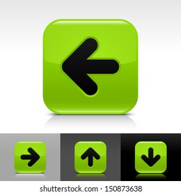 Arrow icon set green glossy web button with black sign. Rounded square shape with shadow, reflection on white, gray, black background. Vector illustration design element save in 8 eps 