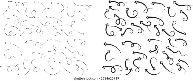 Ícone de seta definido. Seta de doodle de linha pontilhada preta desenhada à mão, coleção de vetor de seta curva. Desenho curvo pontilhado setas design isolado no fundo transparente. Forma de direção para Web e aplicativo.