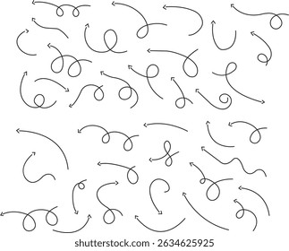 Ícone de seta definido. Seta de doodle de linha preta desenhada à mão, coleção de vetor de seta curva. Desenho curvo pontilhado setas design isolado no fundo transparente. Forma de direção para Web e aplicativo.