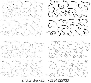 Arrow icon set. Hand drawn black dotted line doodle arrow, curve arrow vector collection. Sketch curved dashed arrows design isolated on transparent background. Direction shape for web and app.