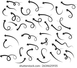Arrow icon set. Hand drawn black line doodle arrow, curve arrow vector collection. Sketch curved dashed arrows design isolated on transparent background. Direction shape for web and app.