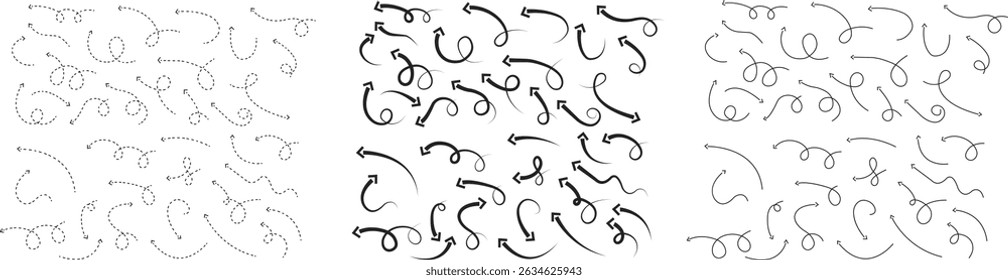 Arrow icon set. Hand drawn black dotted line doodle arrow, curve arrow vector collection. Sketch curved dashed arrows design isolated on transparent background. Direction shape for web and app.