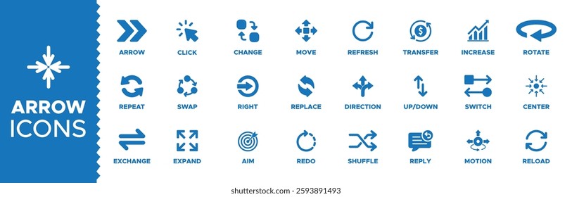 Arrow icon set. arrow icons set or pack. Containing cursor arrow, change, transfer, switch, swap, rotate, transfer, motion, shuffle, exchange, up, down and refresh symbol icons. Solid icon collection.