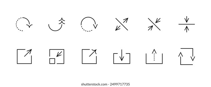Arrow icon set. Interface arrows, collapse, share, right curved, circular arrow, upload, download, full screen, expand and more. Editable stroke. Pixel Perfect. Grid base 32 x 32.