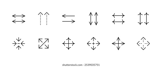 Arrow icon set. Interface arrow icons, direction, navigate, double arrow, different direction, expand, collapse and more. Editable stroke. Pixel Perfect. Grid base 32px.