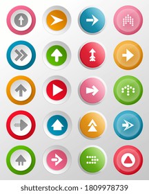Arrow icon set. Isolated direction button sign design collection. Red, orange, blue, green arrow shape in circle icons. Web symbol label vector illustration