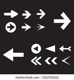 Arrow icon set isolated on black background. Trendy collection of different arrow icons in flat style for web site. Creative arrows right and left template for app, ui and logo. Vector illustration