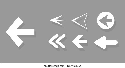 Arrow icon set isolated on gray background. Trendy collection of different arrow icons in flat style for web site. Creative white arrows right and left template for app and ui. Vector illustration