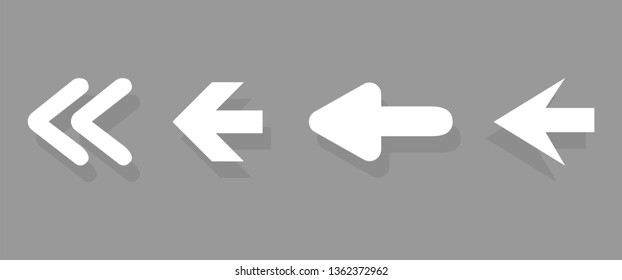 Arrow icon set isolated on gray background. Trendy collection of different arrow icons in flat style for web site. Creative white arrows. Left direction template for app and ui. Vector illustration