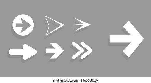 Arrow icon set isolated on gray background. Trendy collection of different arrow icons in flat style for web site. Creative white arrows. Right direction template for app and ui. Vector illustration