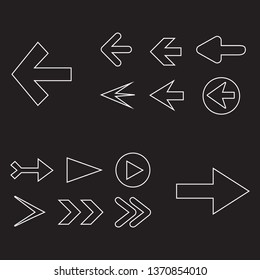 Arrow icon set isolated on black background. Trendy thin line collection of different arrow icons in flat style for web site.Creative arrows right and left template for app and ui. Vector illustration