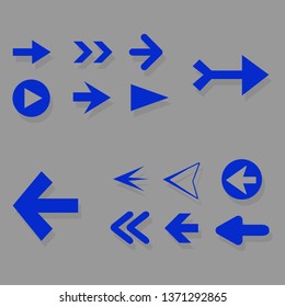 Arrow icon set isolated on gray background. Trendy collection of different blue arrow icons in flat style for web site. Creative arrows right and left template for app, ui and logo.Vector illustration
