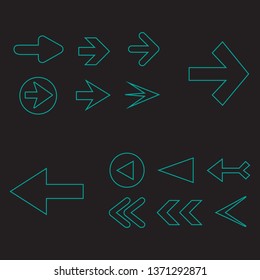 Arrow icon set isolated on black background. Trendy thin line collection of different arrow icons in flat style for web site.Creative arrows right and left template for app and ui. Vector illustration