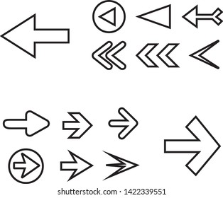 Arrow icon set isolated on white background. Trendy thin line collection of different arrow icons in flat style for web site.Creative arrows right and left template for app and ui. Vector illustration