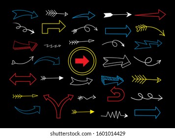 Arrow icon set isolated on black background. Trendy collection of different arrow icons in flat style for web site